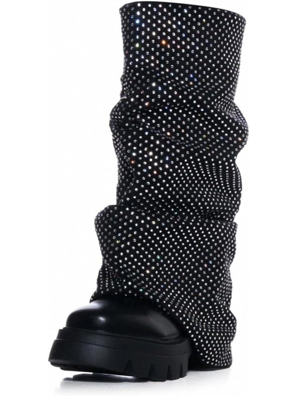 Women's Rhinestone-Black Fold Over Mid Calf Round Toe Heel Stacked Moon Boots